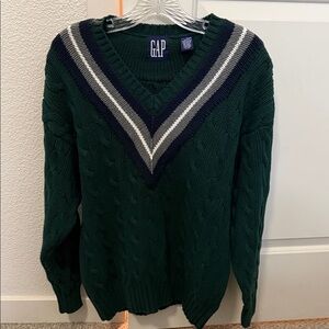 VINTAGE GAP Unisex Dark Green V-Neck Sweater with Stripes